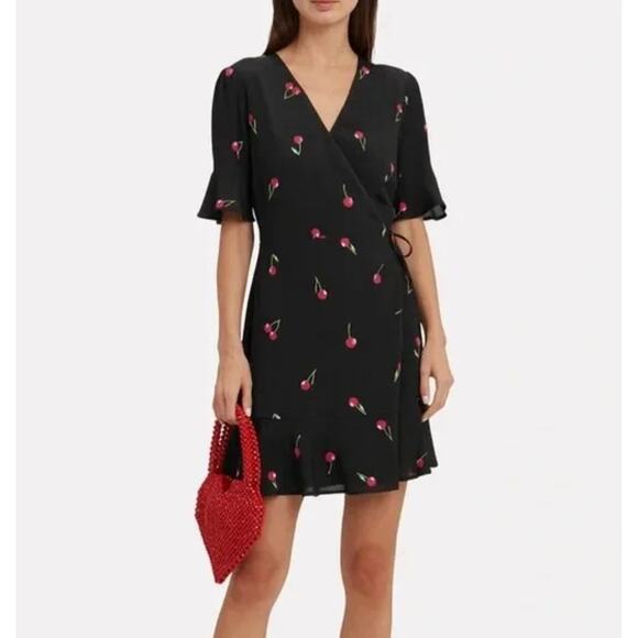 Rails Cherry Print Mini Wrap Dress Black Size S - Picture 1 of 8